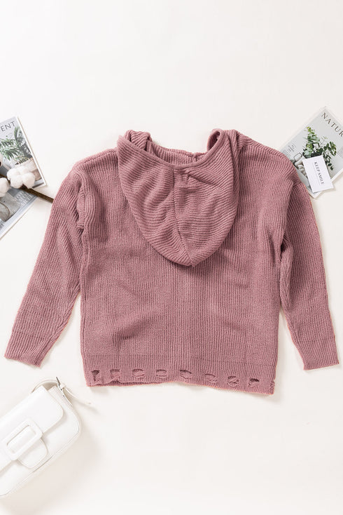 Zipper V-Neck Dropped Sleeve Hooded Solid Sweater